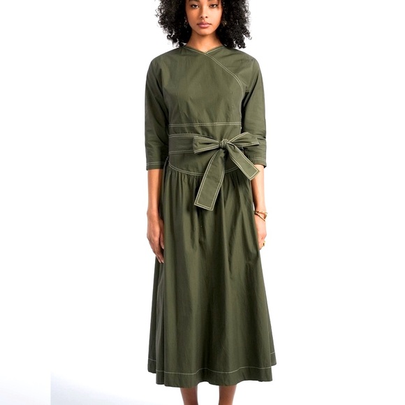 Brixie Dress All Cotton from Aleeza Paris,belted moss green white stitching Sz S - Picture 1 of 5